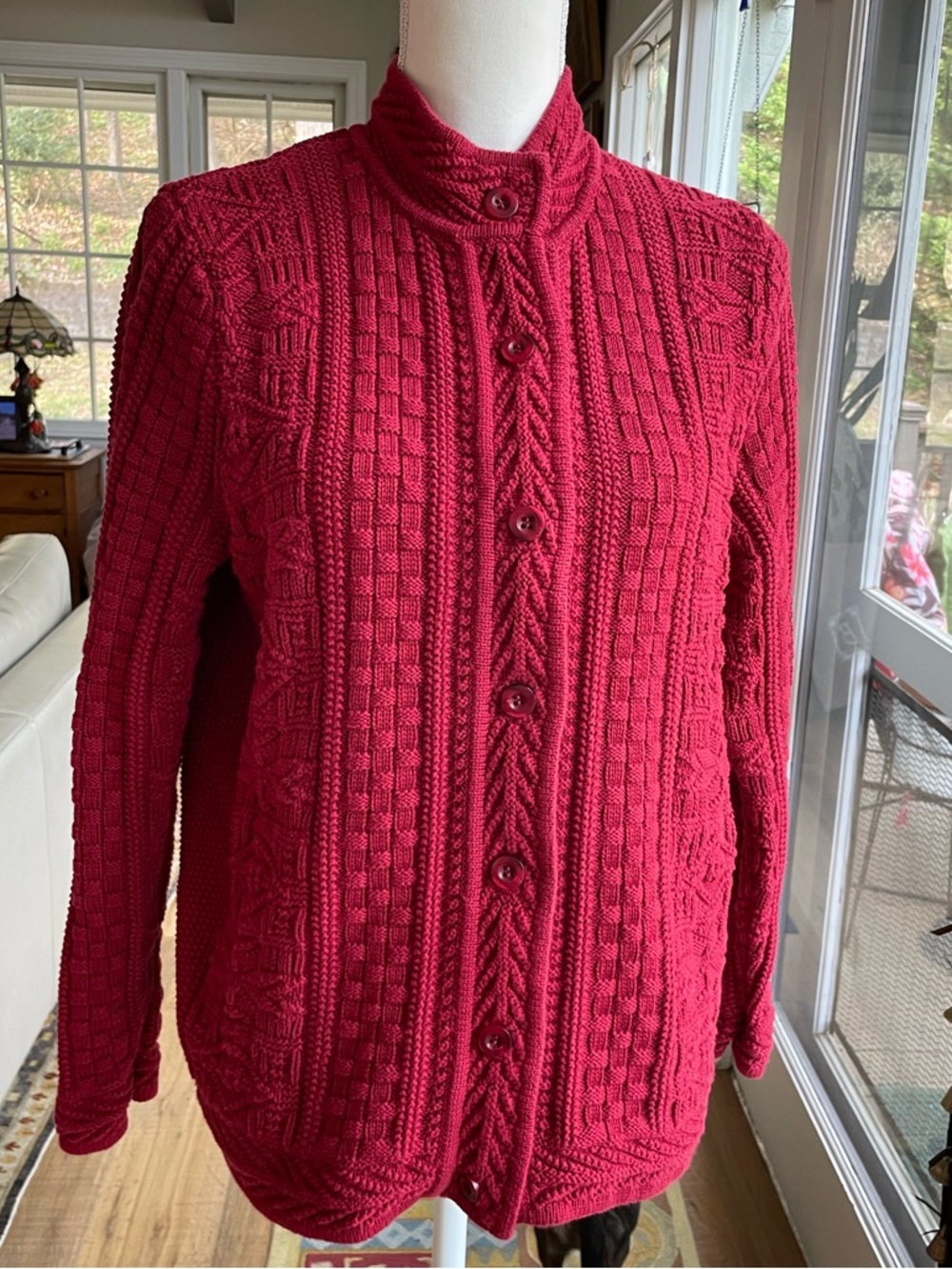 L.L. Bean Deep Red Cable Knit Button-Front Cardigan